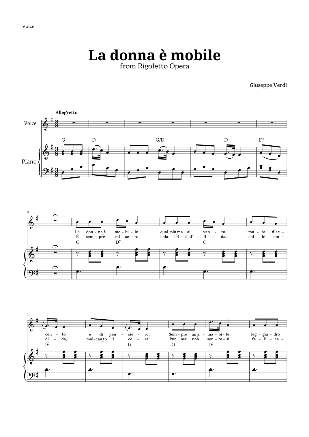 La donna è mobile in G major for Voice and Piano (arr. Langanho)