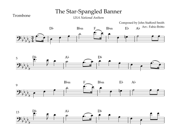 The Star Spangled Banner (USA National Anthem) for Trombone Solo with Chords (D Major) (arr. Fabio Britto)