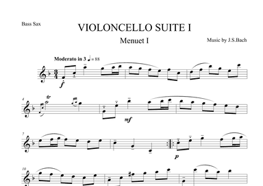 Menuet I from Violoncello Suite I by J.S.Bach for Bass Saxophone (arr. The Sheet Music Library)