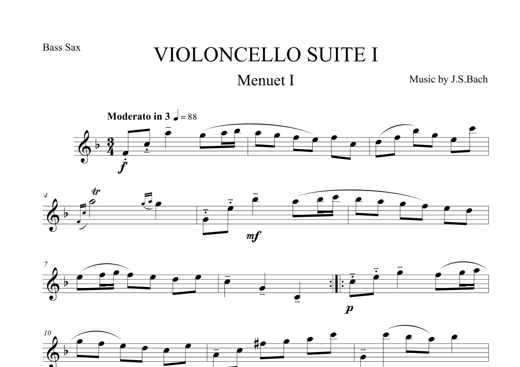 Menuet I from Violoncello Suite I by J.S.Bach for Bass Saxophone (arr. The Sheet Music Library)