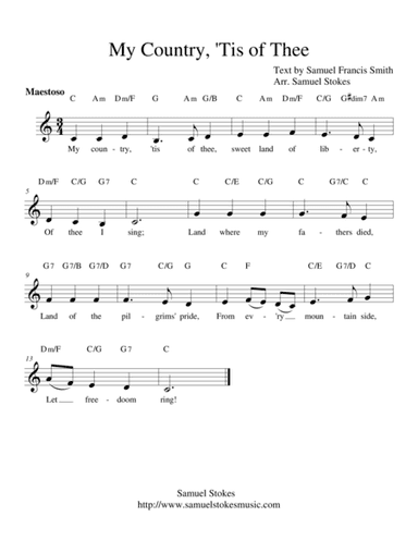 America (My Country, 'Tis of Thee) - lead sheets in all keys (arr. Samuel Stokes)