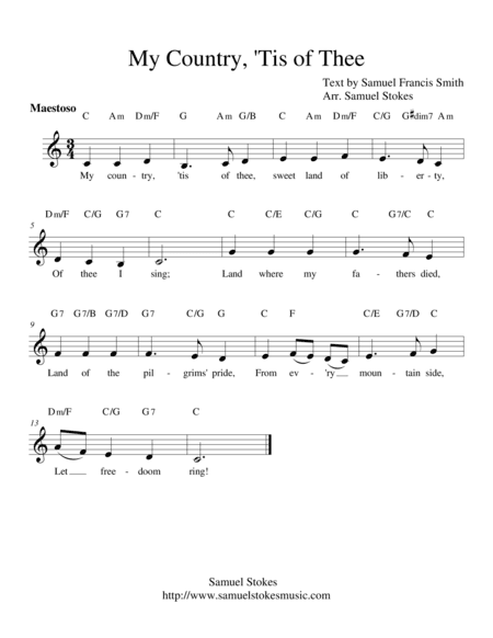 America (My Country, 'Tis of Thee) - lead sheets in all keys (arr. Samuel Stokes)
