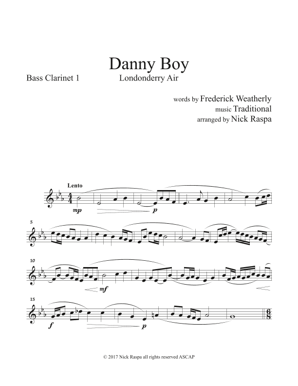 Danny Boy for Clarinet Quintet - B flat Bass Clarinet 1 part (arr. Nick Raspa)