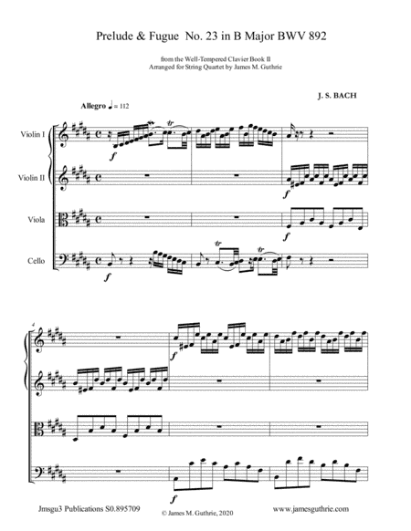 BACH: Prelude & Fugue No. 23 in B Major, BWV 892 for String Quartet (arr. James M. Guthrie)