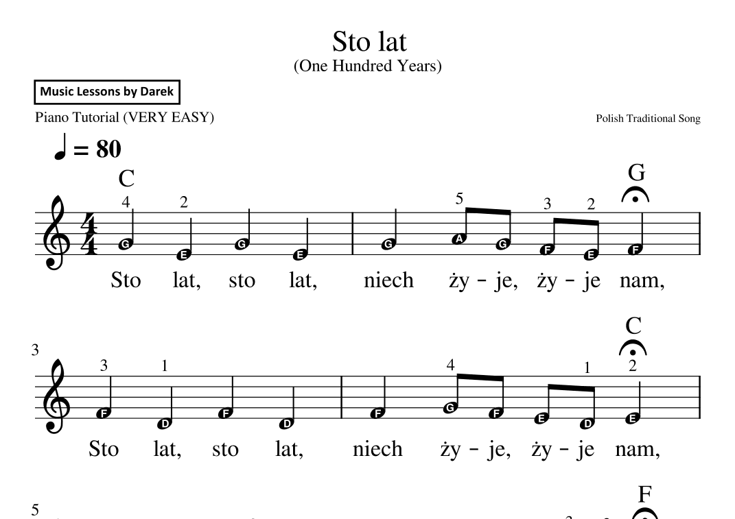 Sto lat (One Hundred Years), Polish Traditional Song [VERY EASY PIANO] (arr. Darek)
