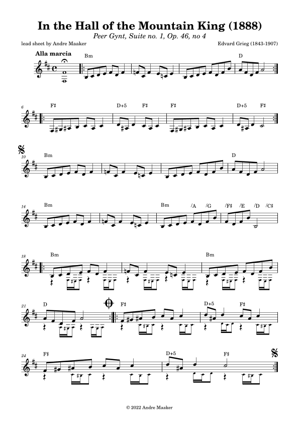 Edvard Grieg - In The Hall Of The Mountain King - Peer Gynt suite no. 1 - lead sheet (arr. Andre Maaker)