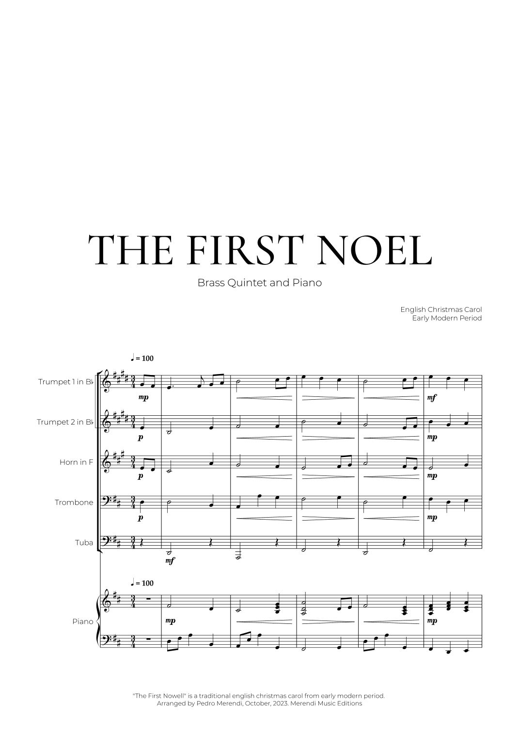 The First Noel (Brass Quintet and Piano) - Christmas Carol (arr. Pedro Merendi)