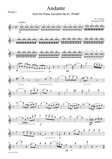 Mozart  Andante from the Piano Concerto No.21, KV467, for string quartet, CM005 (arr. FCMUSIC)