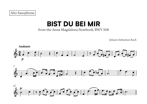 Bist du bei Mir (BWV 508) (for Alto Sax) (arr. Cadenza Editions)