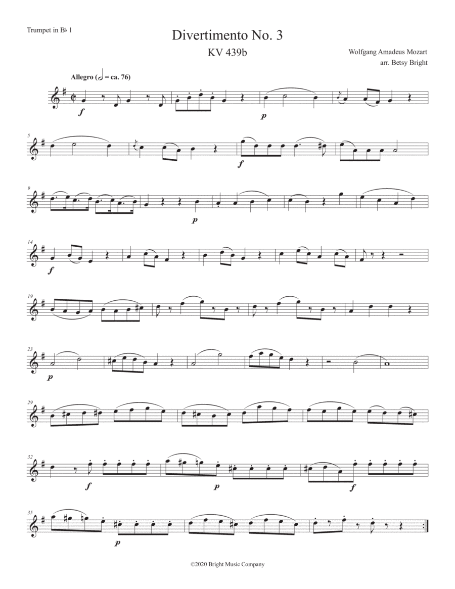 Mozart Divertimento No. 3 Allegro for Brass Trio (2 trumpets + tuba) (arr. Betsy Bright)