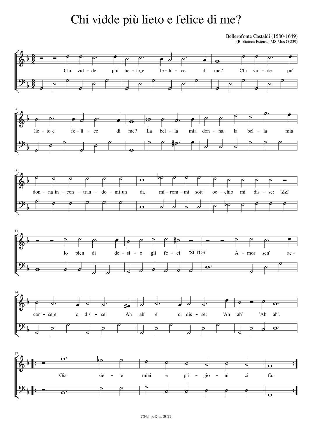 Chi vidde più lieto e felice di me? (arr. Early Music Scores)