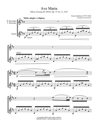 Ave Maria (Schubert) for descant or treble recorder and guitar (D Major) (arr. K. Krantz)