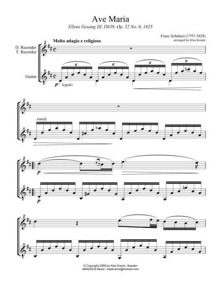 Ave Maria (Schubert) for descant or treble recorder and guitar (D Major) (arr. K. Krantz)