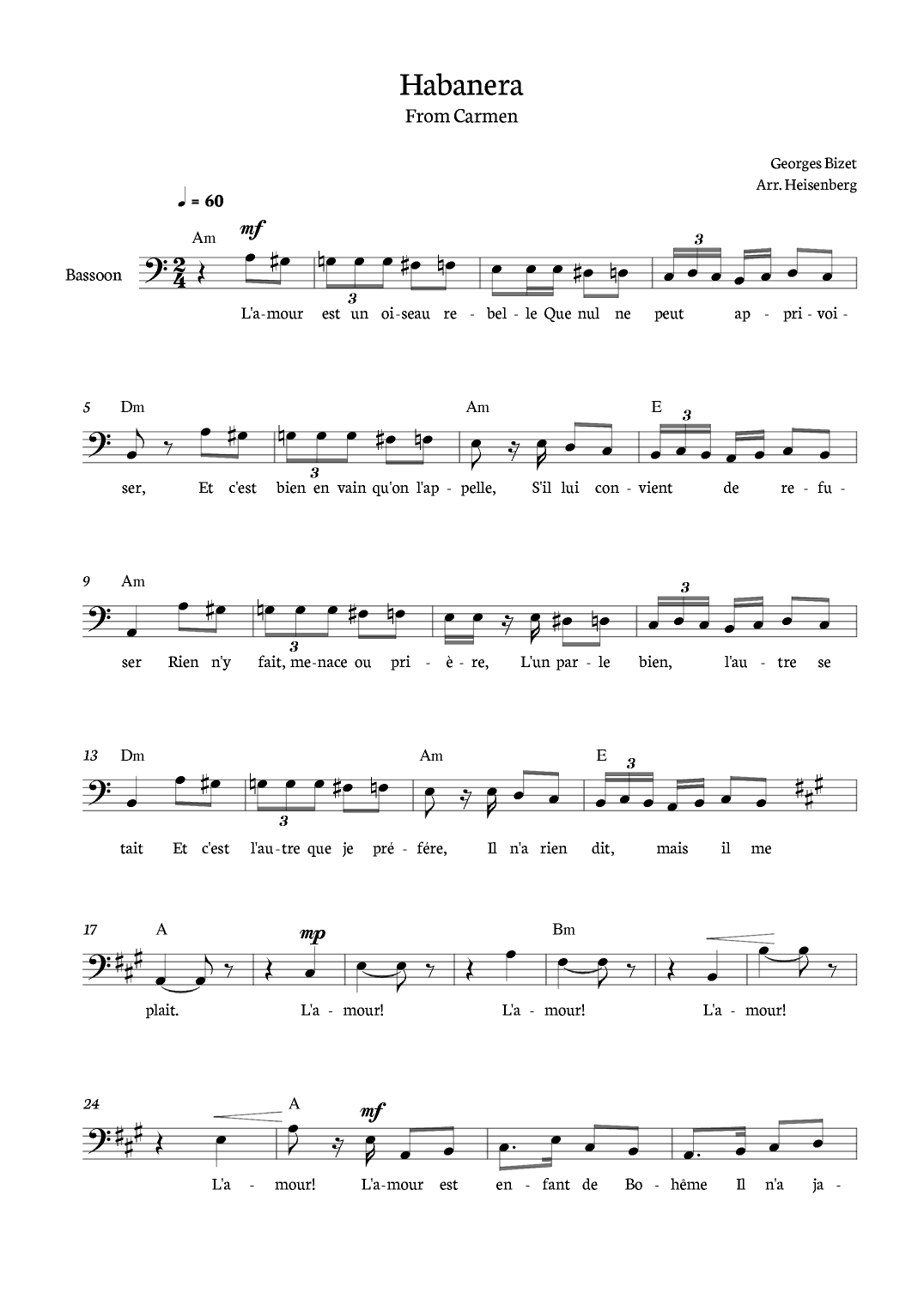 Habanera from Carmen for Bassoon with chords (arr. Heisenberg)
