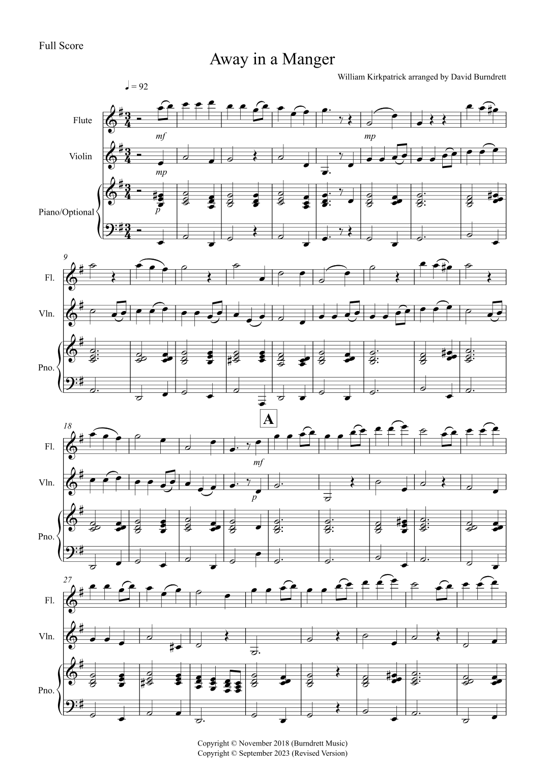 Away in a Manger for Flute and Violin Duet (arr. David Burndrett)