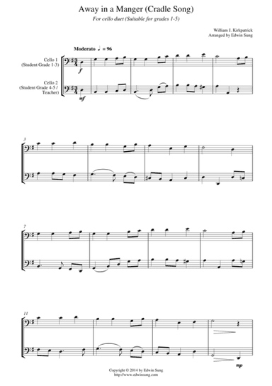 Away in a Manger (Cradle Song) (for cello duet, suitable for grades 1-5) (arr. Edwin Sung)