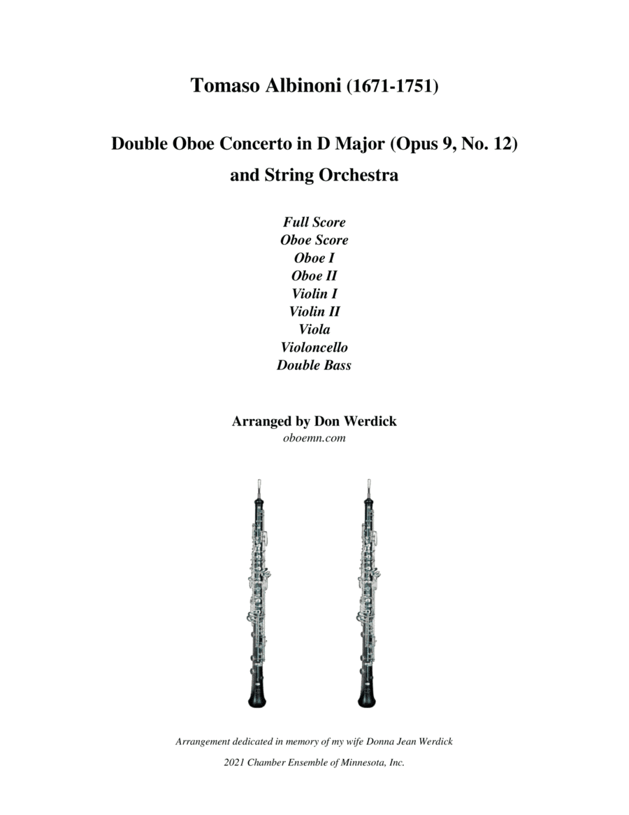 Double Oboe Concerto in D Major, Op. 9 No. 12 and String Orchestra (arr. Don Werdick (1946 - ))