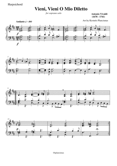 Vieni, Vieni O Mio Diletto (For soprano and chamber orchestra) (arr. Kestutis Planciunas)