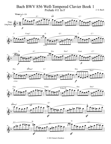 Bach BWV 856 Well-Tempered Clavier Book 1 Prelude 11 In F Flute Oboe Sax Study (arr. R G Roth)