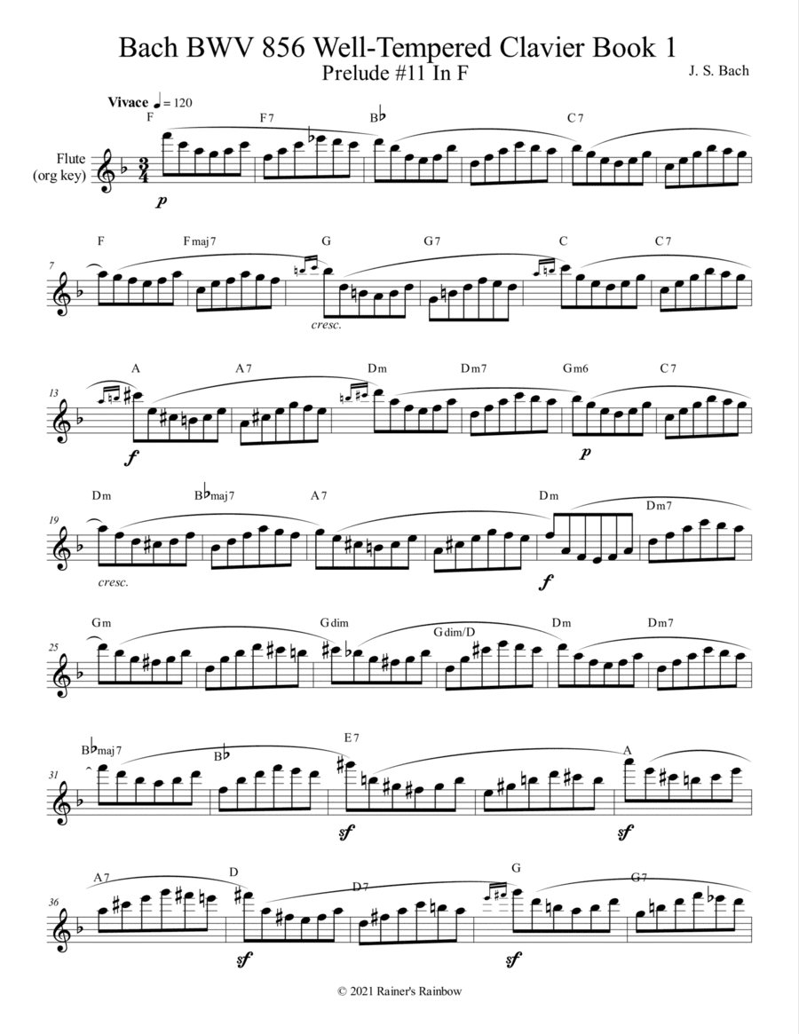 Bach BWV 856 Well-Tempered Clavier Book 1 Prelude 11 In F Flute Oboe Sax Study (arr. R G Roth)