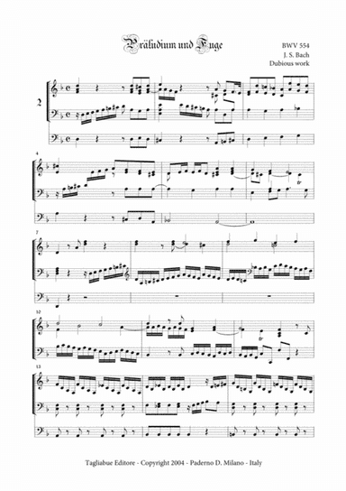 BACH J.S. - BWV 554 - PRELUDE AND FUGA in D minor - For Organ 3 staff (arr. Marcello Meneguzzo)