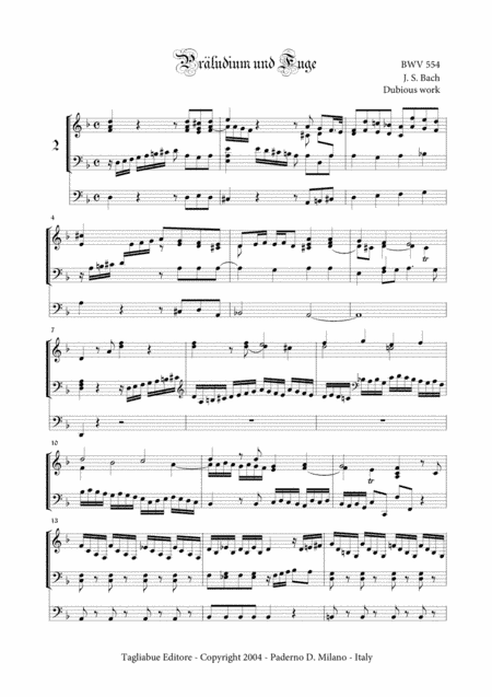 BACH J.S. - BWV 554 - PRELUDE AND FUGA in D minor - For Organ 3 staff (arr. Marcello Meneguzzo)