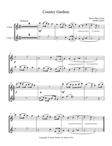 Country Gardens (treble C instrument duet, parts only) (arr. Sandra Zylstra)