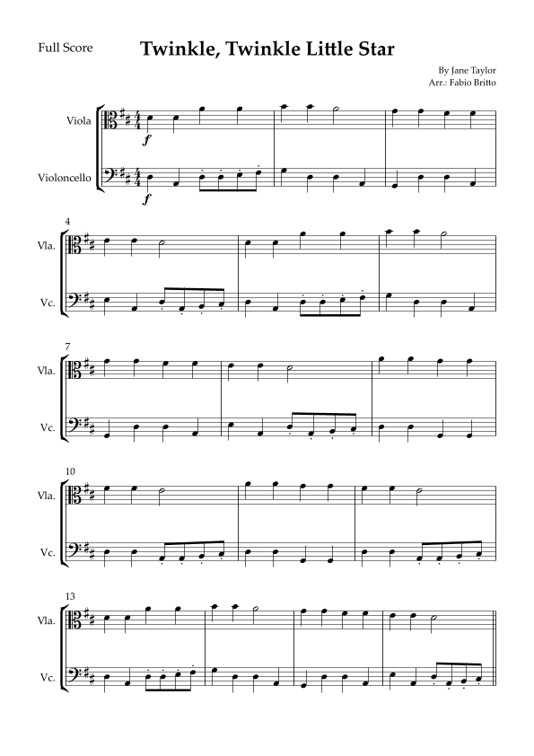 Twinkle, Twinkle Little Star for Viola & Cello Duo (arr. Fabio Britto)