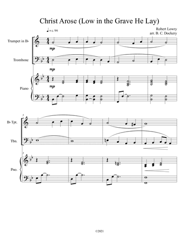 Christ Arose (Low in the Grave He Lay) for trumpet and trombone duet with optional piano (arr. B. C. Dockery)