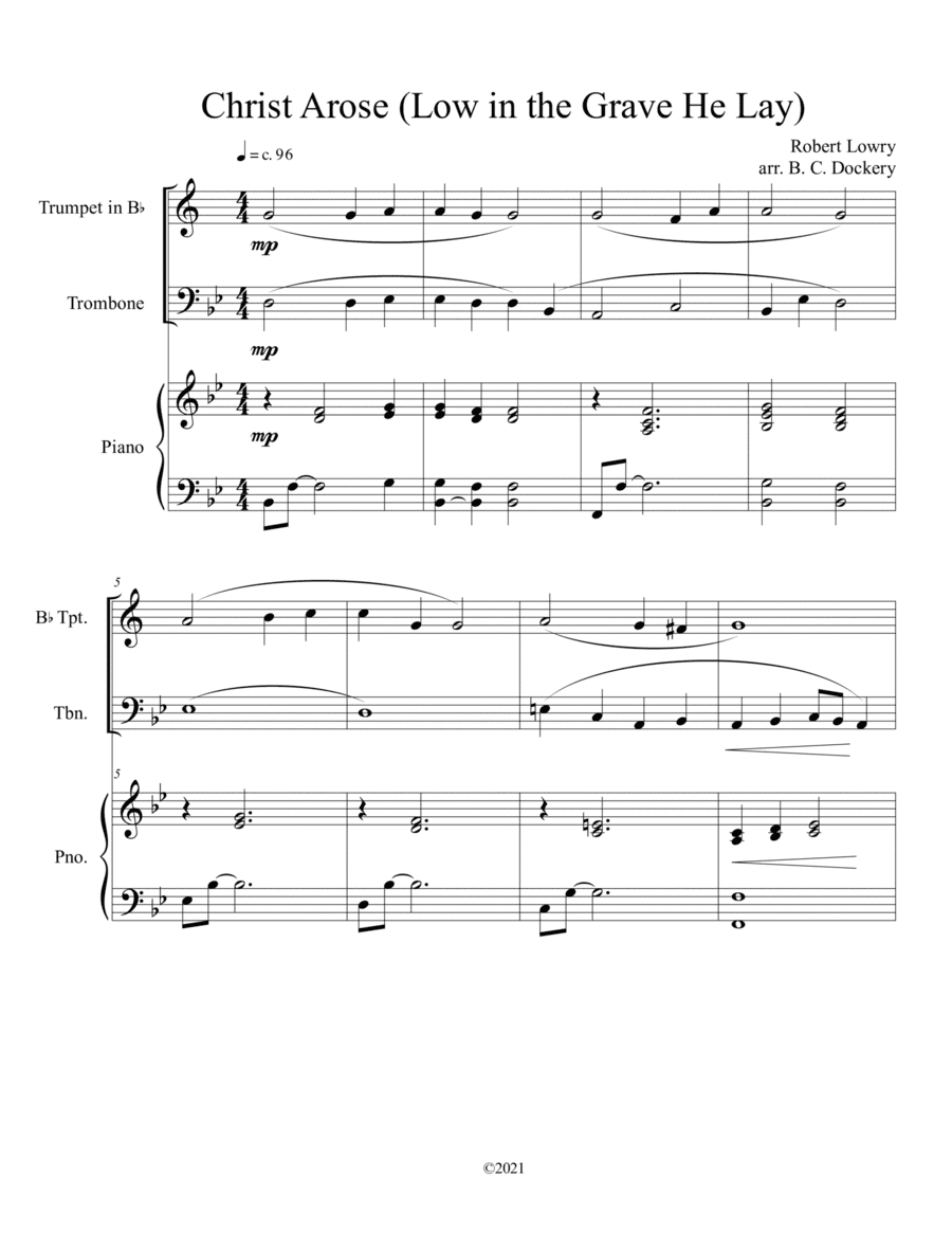 Christ Arose (Low in the Grave He Lay) for trumpet and trombone duet with optional piano (arr. B. C. Dockery)