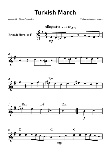 Turkish March by Mozart - French Horn Solo with Chord Notations (arr. Glauco Fernandes)
