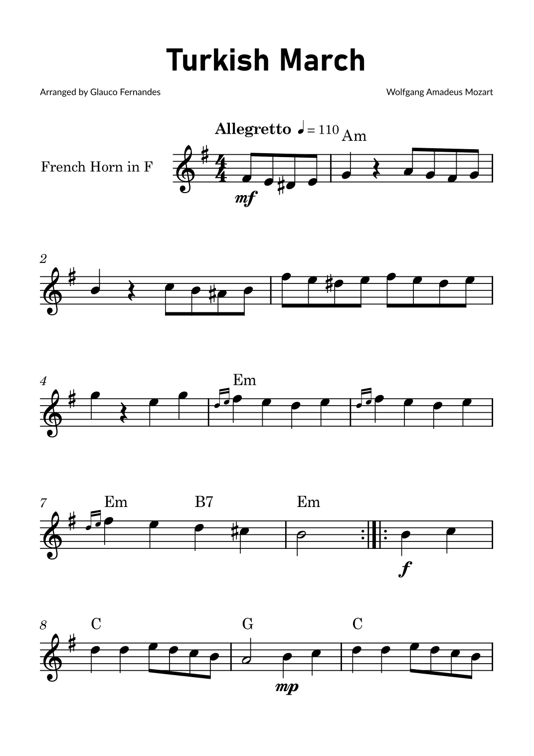 Turkish March by Mozart - French Horn Solo with Chord Notations (arr. Glauco Fernandes)