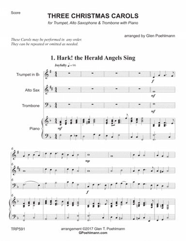 THREE CHRISTMAS CAROLS - for TRUMPET, ALTO SAX & TROMBONE with Piano (arr. Glen Poehlmann)