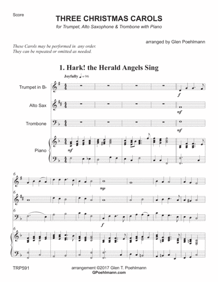 THREE CHRISTMAS CAROLS - for TRUMPET, ALTO SAX & TROMBONE with Piano (arr. Glen Poehlmann)