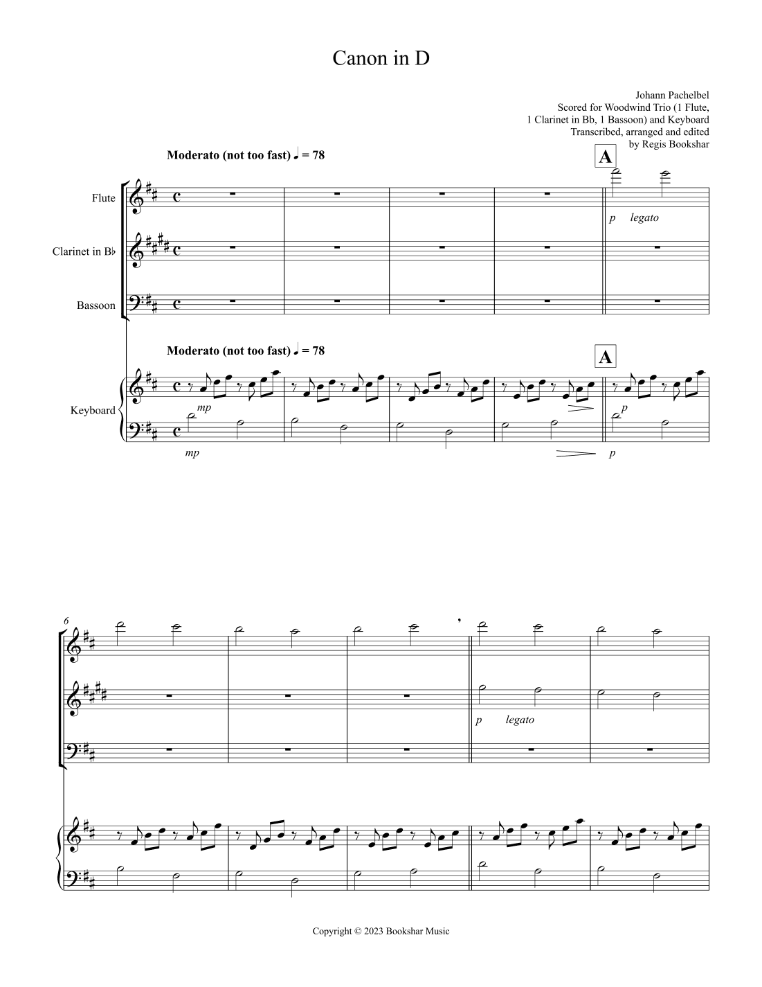 Canon in D (Pachelbel) (D) (Woodwind Trio - 1 Flute, 1 Clar, 1 Bassoon), Keyboard) (arr. Regis Bookshar)