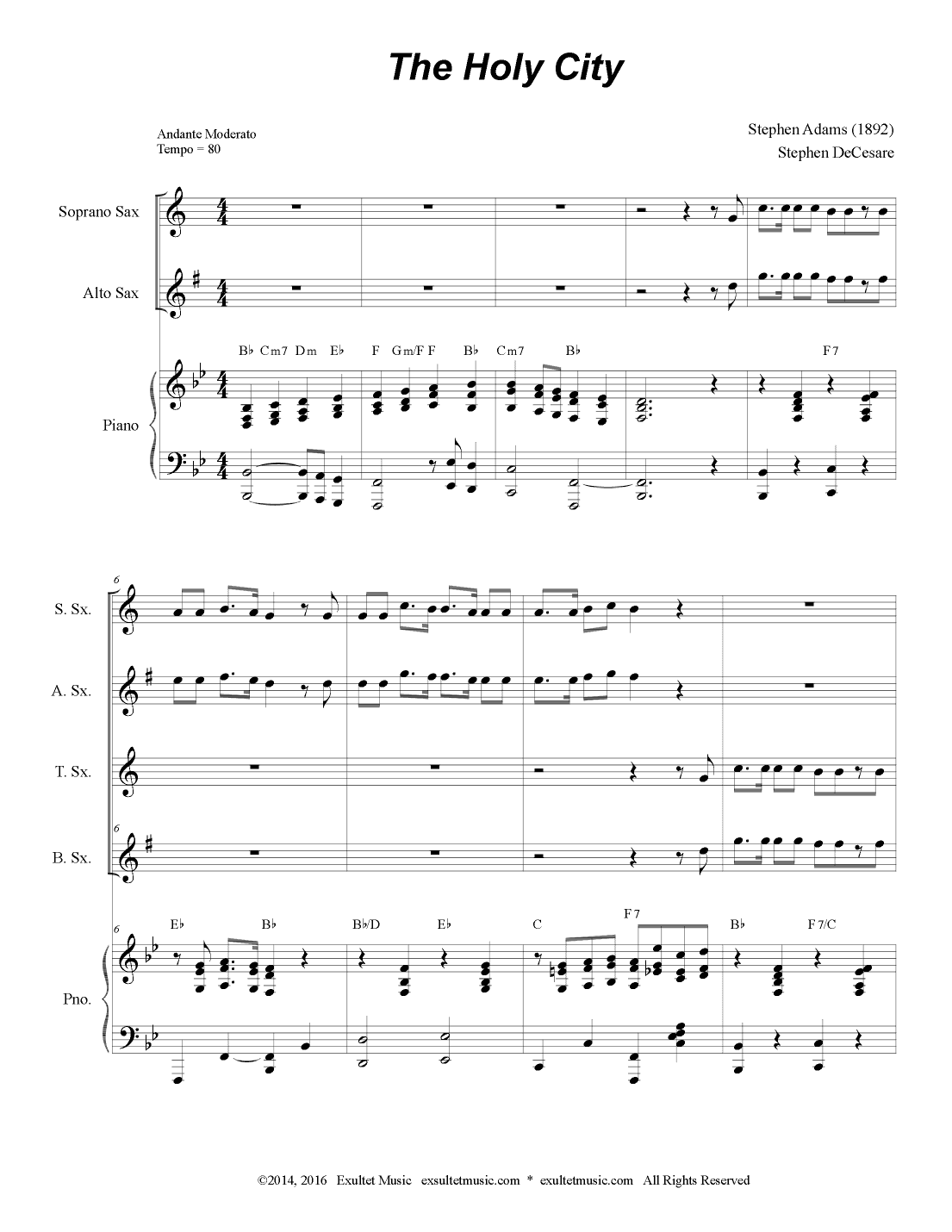 The Holy City (Saxophone Quartet and Piano) (arr. Stephen DeCesare)