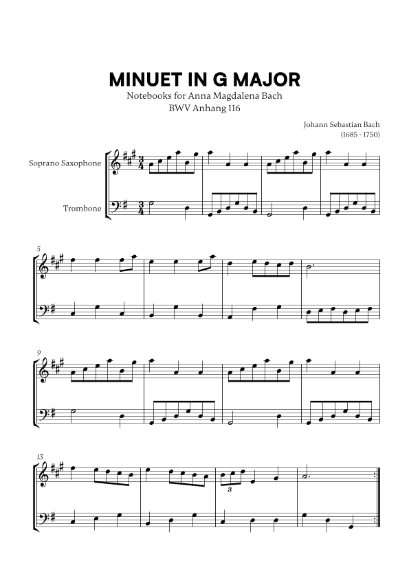 Minuet in G Major (BWV Anh. 116) (for Soprano Saxophone and Trombone) (arr. Cadenza Editions)