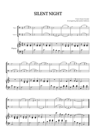 Silent Night for tuba duet with piano accompaniment • easy Christmas song sheet music (arr. Benzaiten Editions)