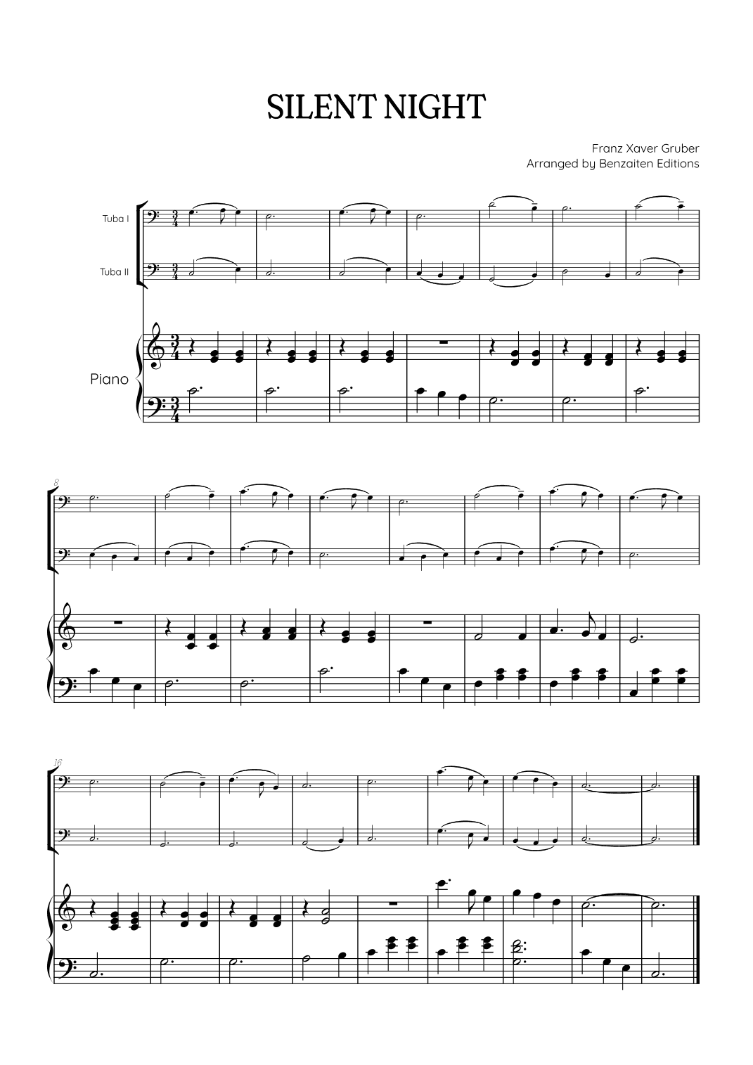 Silent Night for tuba duet with piano accompaniment • easy Christmas song sheet music (arr. Benzaiten Editions)