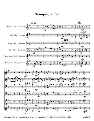 Champagne Rag by Joseph Lamb for Brass Quartet in Schools (arr. Joseph Judge)