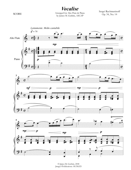 Rachmaninoff: Vocalise for Alto Flute & Piano (arr. James M. Guthrie, ASCAP)