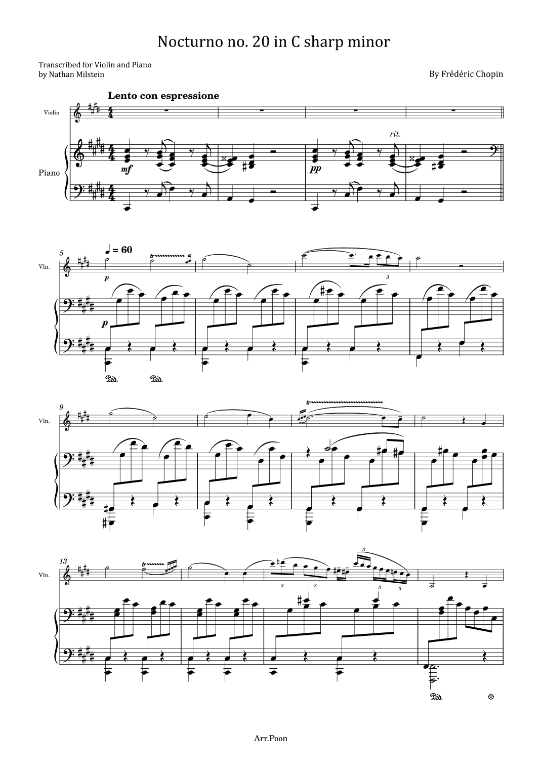 Chopin Nocturne No.20 in C-sharp minor B.49 - For Violin and Piano Original (arr. poon)