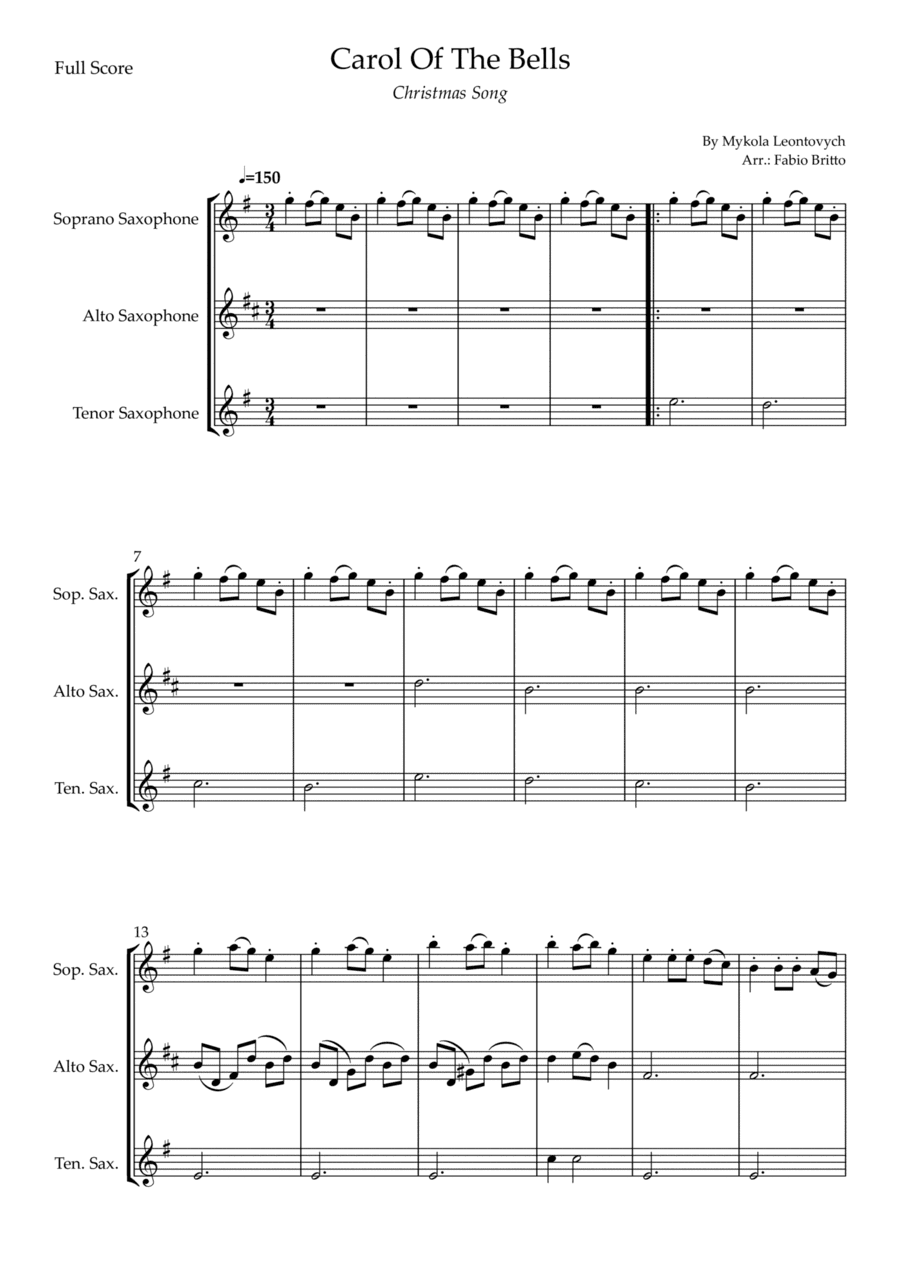 Carol Of The Bells (Christmas Song) for Saxophone Trio (D Minor) (arr. Fabio Britto)