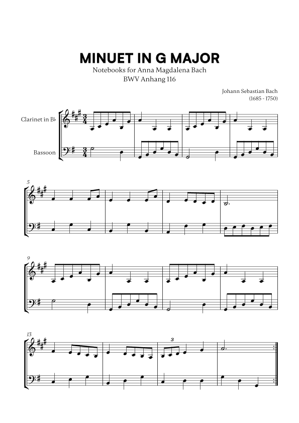 Minuet in G Major (BWV Anh. 116) (for Clarinet and Bassoon) (arr. Cadenza Editions)
