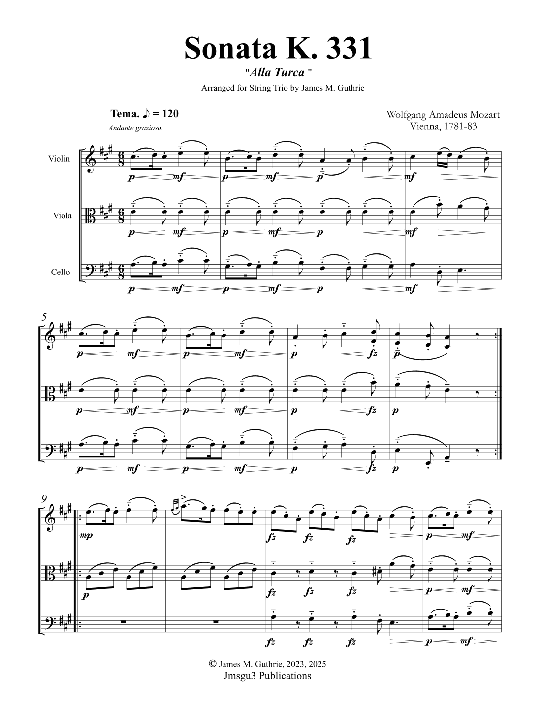 Mozart: Sonata K. 331 “Alla Turca” for String Trio (arr. James M. Guthrie, ASCAP)