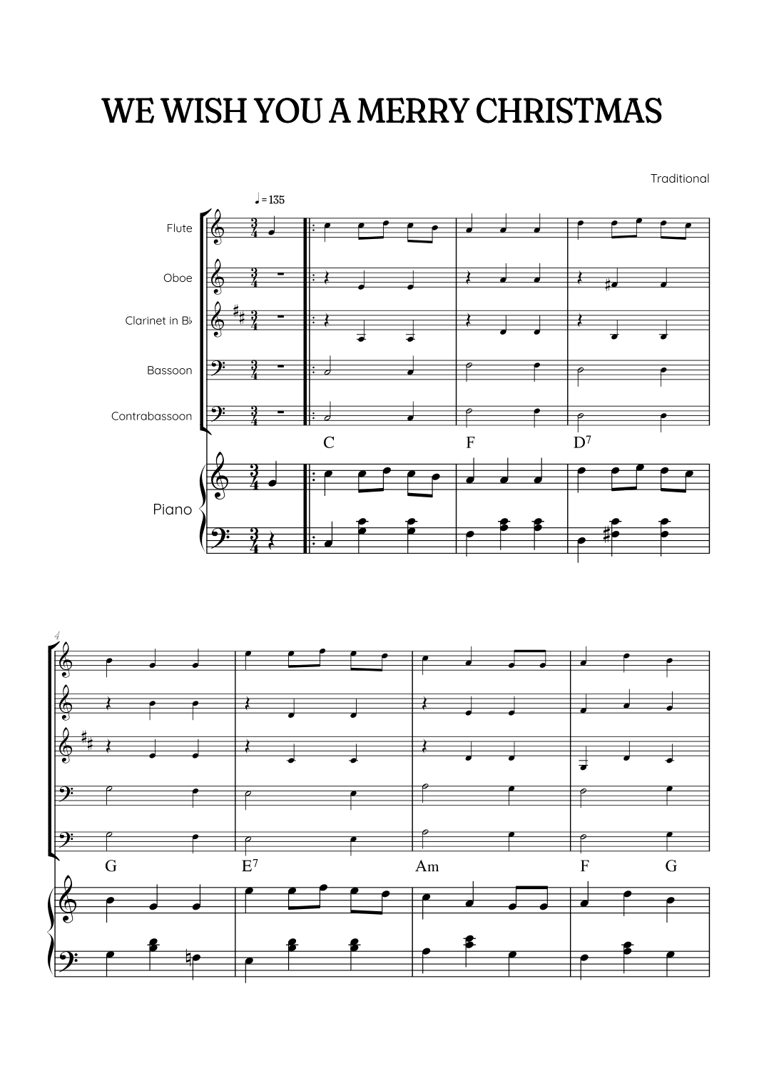 We Wish You a Merry Christmas for Woodwind Quintet & Piano • easy Christmas sheet music w/ chords (arr. Benzaiten Editions)