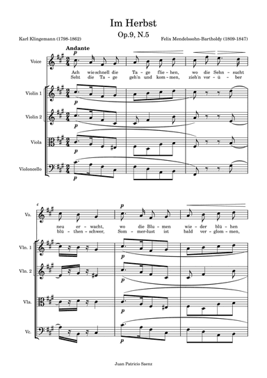 Mendelssohn, F: Im Herbst Op.9, N.5 - arrangement for string quartet and High voice (arr. Juan Patricio Saenz)