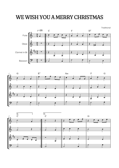 We Wish You a Merry Christmas for Woodwind Quartet • easy Christmas sheet music w/ chords (arr. Benzaiten Editions)