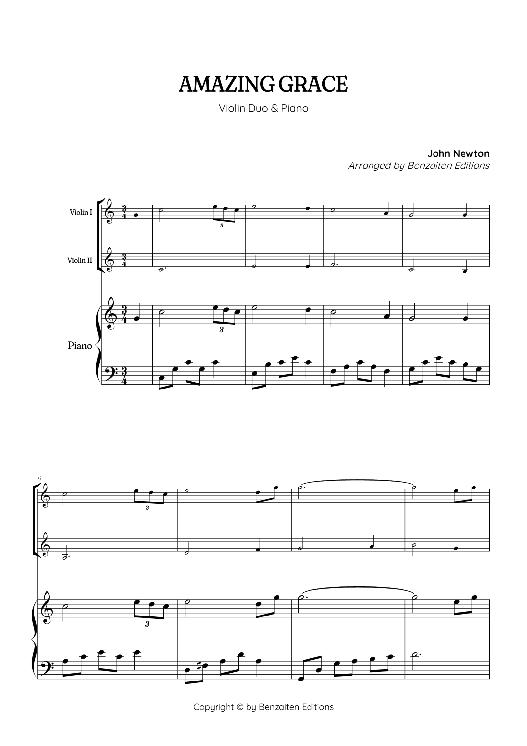 Amazing Grace • easy violin duet sheet music with intermediate piano accompaniment (arr. Benzaiten Editions)