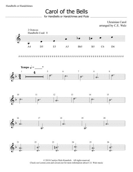 Carol of the Bells for Beginning Handbells and Intermediate Flute (arr. c.e. walz)